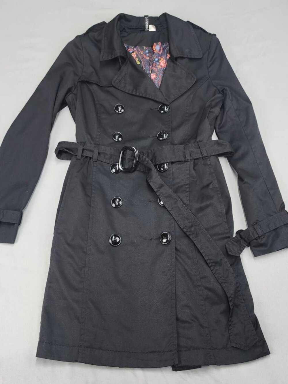 Divided by H&M Womens Size 12 Black Double Breasted Belted Trench Coat Lined